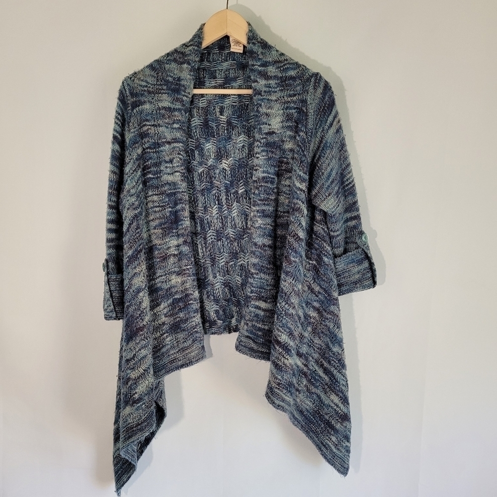 Soft Surroundings Blue Confetti Waterfall Rolled Sleeve Open Cardigan Sz Small